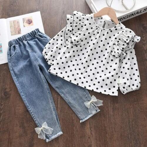 Casual Baby Girls Clothes Suits Fall Kids Girl Polka Dot Ruffles Blouses and Jeans Outfits Spring Casual Cute Clothing Sets 0-4Y