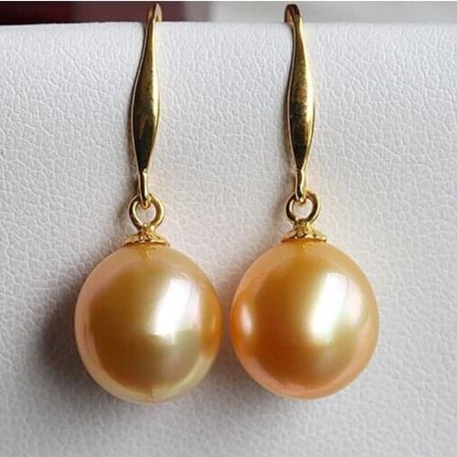 Charming10-11mm natural round south sea gold pink pearl dangle earrings 14KG