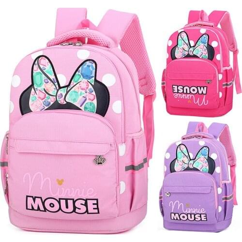 Disney Minnie Mouse Children Girls School Bag Fashion Cartoon Backpack With Bow Tie School Bags For Students Of Grades 1-3