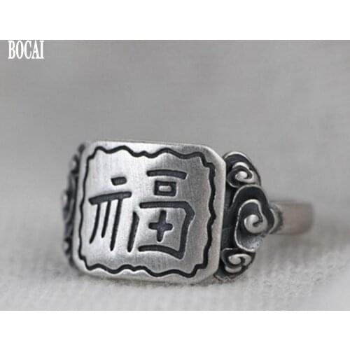 BOCAI New 100% real S925 pure Silver Vintage Thai Silver Ring for Children Fashion Lucky Word Lucky Cloud Womens Silver Rings