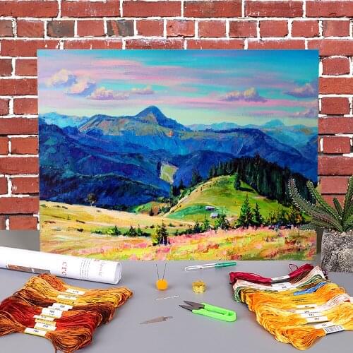 Landscape Summer Printed Water-Soluble Canvas 11CT Cross-Stitch Embroidery Full Kit DMC Threads Handmade Craft Floss