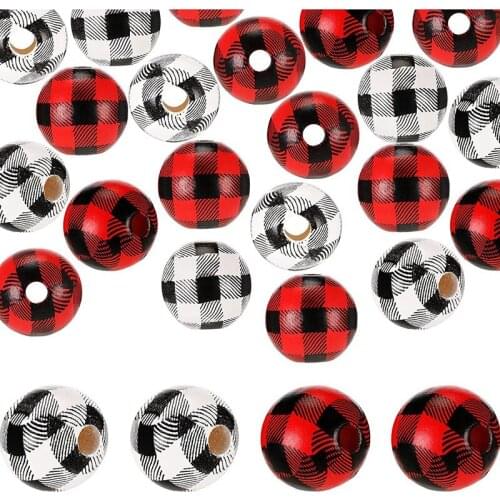 Uclio Plaid Wood Bead Print Wooden Beads,16mm Round Craft Wooden Beads for Wall Garland Decoration DIY Craft Handmade Bracelet