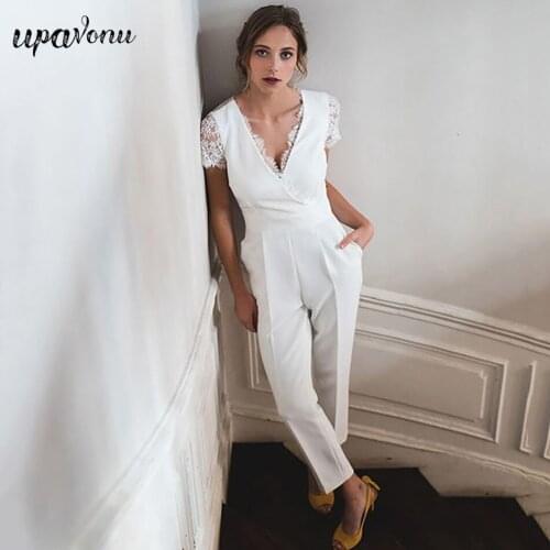 Free Shipping Elegant White Womens Jumpsuit V-neck Lace Short Sleeve Slim Jumpsuit Celebrity Club Party Jumpsuit Summer 2021