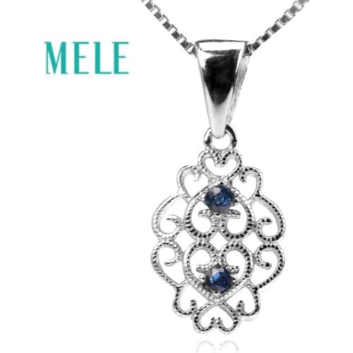 MELE Natural Sapphire 925 silver pendant for women,0.04X2ct 1.8mm round gemstones fine fashion and trendy jewelry chirstmas gift