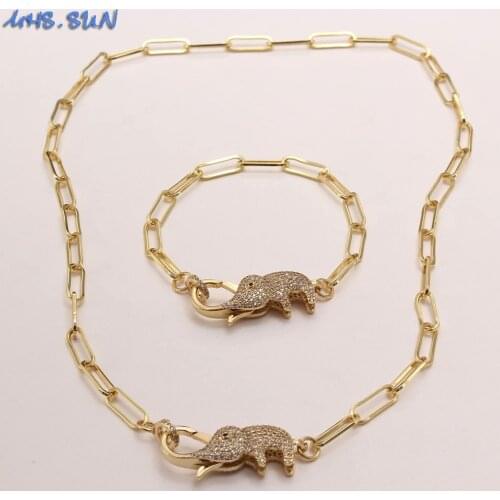 MHS.SUN Fashion Zircon Elephant Pendant Necklace Bracelets Women Vintage Chunky Chain Jewelry Set Luxury CZ Girls Accessories