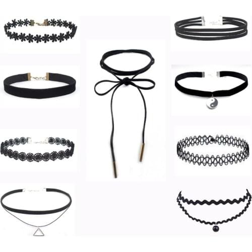 New Fashion 9 PCS Women Black Rope Choker Necklace Set Stretch Velvet Classic Gothic Lace Choker Chain