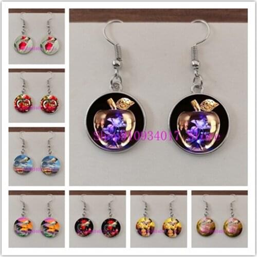 New Product Series Creative Apple Flower Round Glass Earrings Crystal Glass Apple Picture Earrings Girls Valentines Day Gifts