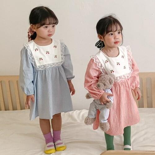 Lolita Style Cherry Embroidered Lace Collar Long Sleeve Dress Loose Girls Fall Dress