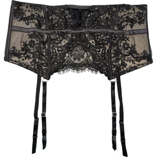 Red Black Lace Sequin Beading Sexy Embroidery Fishbone Womens Garter Belt for Stockings Metal Clips Suspenders Lingerie GA1620