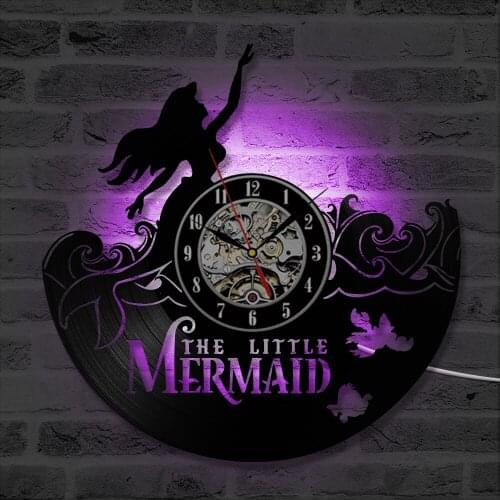 The Little Mermaid Ariel Vinyl Record Wall Clock Modern Design Home Decorative Hanging LED with 7colors Wall Clock
