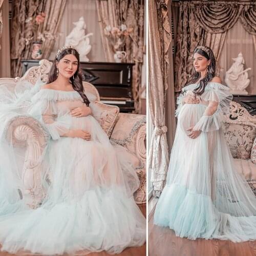 Sexy Sheer Bridal Pregnancy Dresses Slash Neck Long Sleeves See Thru Sheer Floor Length Long Photo Shoot Maternity Gown