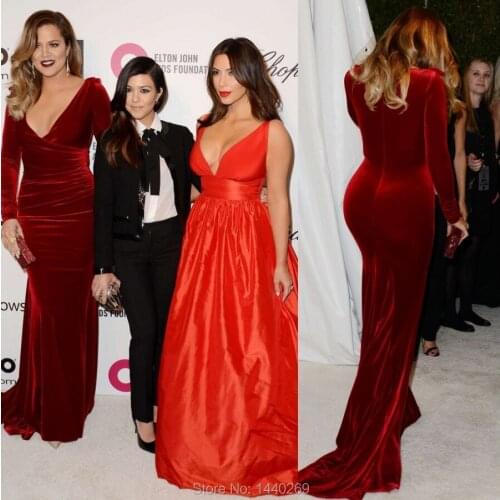 2016 Khloe Oscar Red Carpet Evening Gowns V Neck Long Sleeves Velvet Burgundy Mermaid Celebrity Dresses