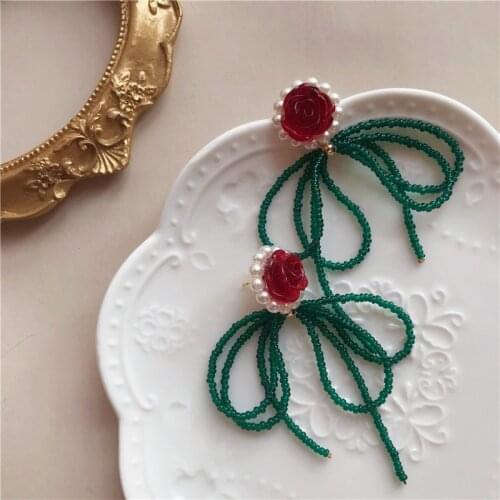 Vintage Fashion Acrylic Beads Big Bowknot Stud Earrings for Women Exaggerated Romantic Flower Earrings Summer Bohemian Jewelry