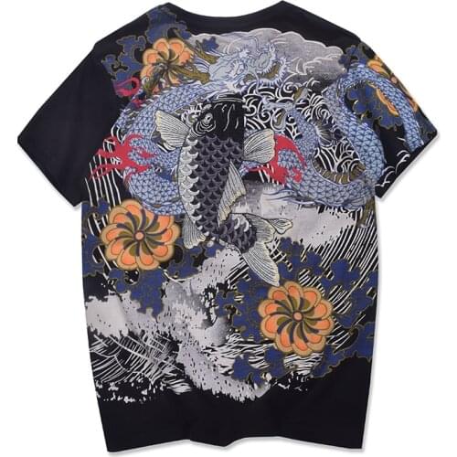 Japanese yokosuka embroidered carp short-sleeved T-shirt men and women couples wear surf carp dragon short-sleeved T loose large