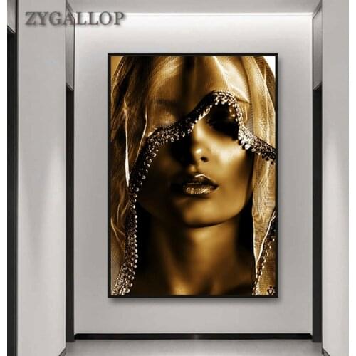 The Woman Under Turban Golden Canvas Painting Gold Posters and Prints Luxury Style Wall Art Pictures for Living Room Decoration