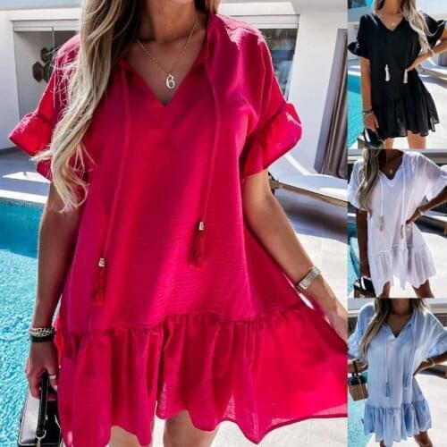 Women Summer Fashion Ruffle V-neck Short Sleeve Solid Pleated Dress For Female Mid Waist Clothes