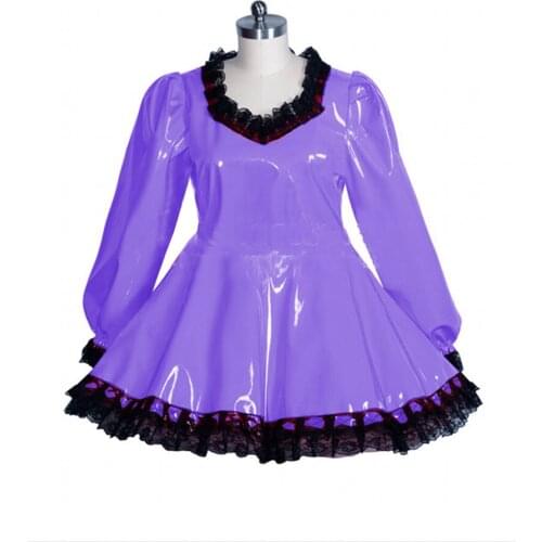 Long Sleeve Women Dress Patent Leather Lace Trimming Latex Dress Femme Maid PVC Sexy Costumes Lockable Sissy Dress Lolita
