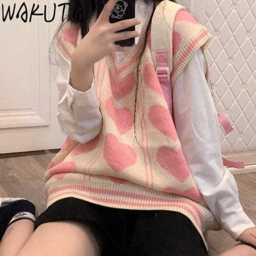 WAKUTA Pink Heart Sweater Vest Women Japan Korean Fashion Sweet Loose Sleeveless Waistcoat Tops School Preppy Knitting Mujer