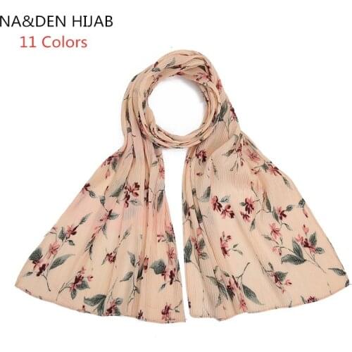 1PC Pleated Floral Printed Hijab Scarf Bubble Chiffon Muslim Shawls Women Lightweight Long Pashmina Scarves Female Head Wraps