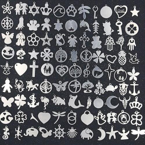 100Pcs/Lot Different Styles Size No Fade 316 Stainless Steel Charm Feather Flower Star Couples For DIY Jewelry Making
