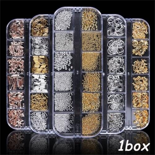 12 Grid/Set Gold Silver Hollow 3D Nail Art Decorations Mix Metal Frame Nail Rivets Shiny Charm Strass Manicure Accessories Studs