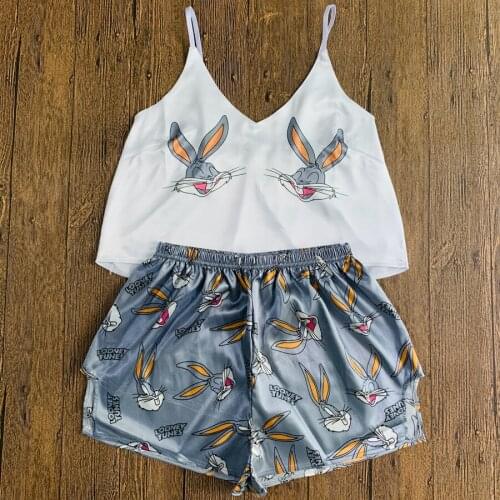 2021 Animal Cartoon Print Lovely Pajamas Sleepwear Summer V Neck Sexy Pyjamas Women Spaghetti Strap Loose Pijama Satin Femme Cat