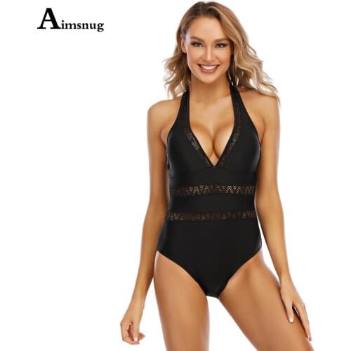 Aimsnug 2021 Women Halter Swimwear One Piece Swimsuit Patchwork Guaze Beachwear Sexy V-neck Onesie Bathing Suit Femme Clothing