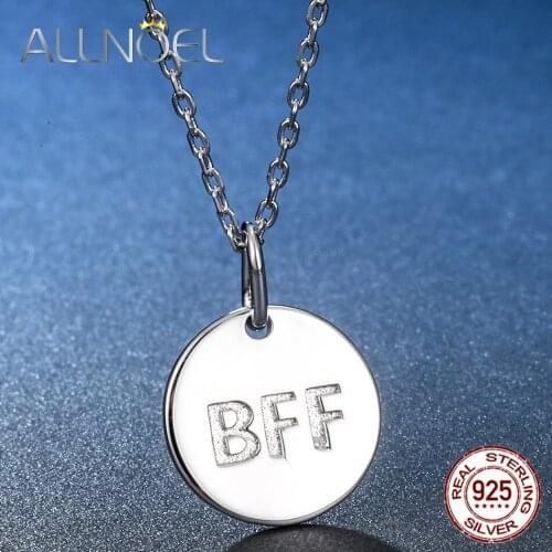 ALLNOEL 925 Sterling Silver Pendant Necklace Letter Printed Lucky Round Simple Necklace White Gold-plated Necklace Fine Jewelry