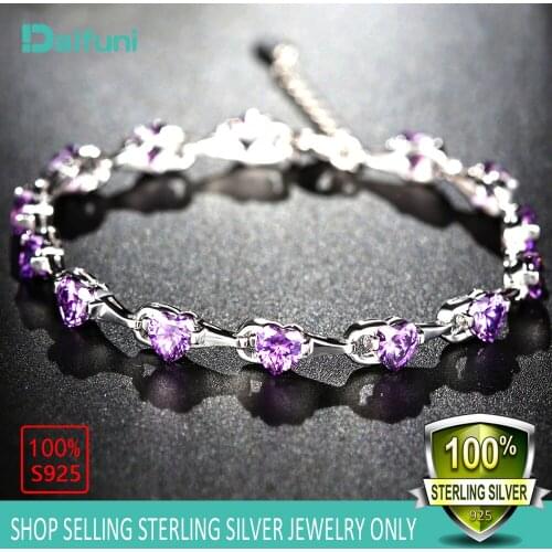 Daifuni 925 Sterling Silver Heart Bracelets For Women purple Sapphire crystal Chain Bracelet Trendy Wedding Gift Fine Jewelry