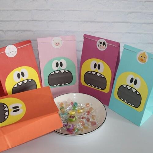 8/12pcs 12*8*22.5cm Paper Bag Multicolor big mouth Monster Candy Biscuit Bags Packing Pouch Popcorn Bag Birthday Supplies