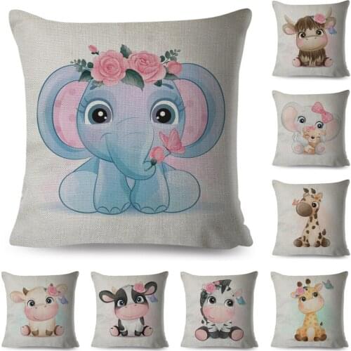 Cartoon Animal Cute Print Cushion Cover Decor Giraffe Cow Lion Elephant Pillow Case Linen Pillowcase for Children Room Home
