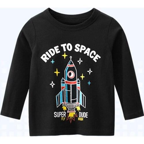 Childrens Long-Sleeved T-Shirt With Cartoon Rocket Pattern For Boys Casual Fashion Pure Cotton 2-8 Years Old