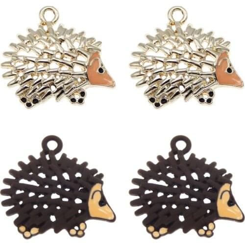 Julie Wang 4PCS Enamel Hollow Hedgehog Charms Alloy Gold Tone Cartoon Animal Pendant Bracelet Earrings Jewelry Making Accessory