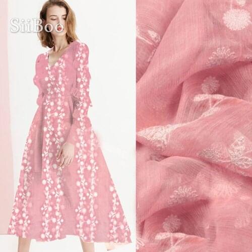 Elegant white floral embroidery cotton silk fabric apparel for dress pink natural silk tissu tecidos stoffens tela 8mm SP5346