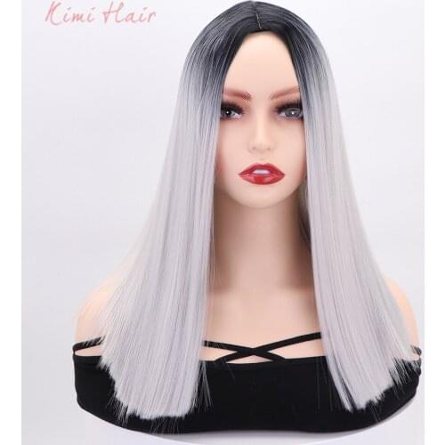 Kimi Hair Short Straight Bob Ombre Grey Hair Middle Part Hairline Heat Resistant Fiber Synthetic Wigs for Women