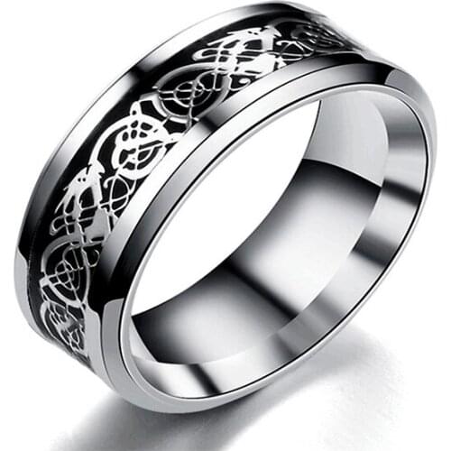 New Fashion 8MM Stainless Steel Rings Men Quality Engagement Retro Vintage Ring Dragon Tattoo Jewelry Wedding Ornament Wholesale