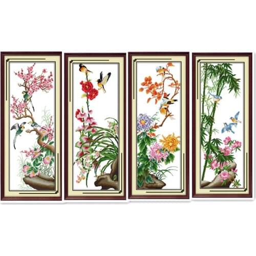 Red Plum Orchid Blue Chrysanthemum Bamboo Plant Flower Handmade Chinese Embroidery Cross Stitch Kit diy Decorative Painting