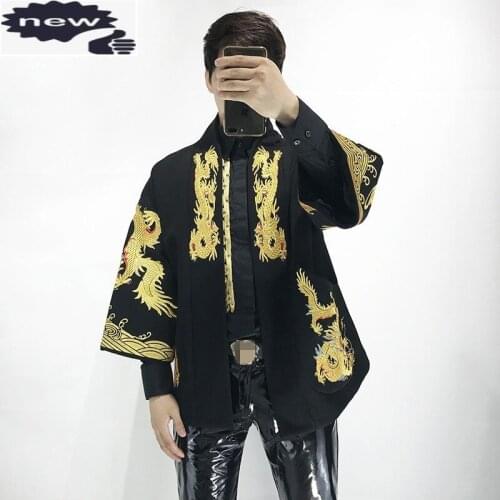Embroidered Dragon Jacket Men Vintage Stand Collar Loose Outerwear Male Streetwear Chinese Style Hip Hop Clothes Short Coat M L