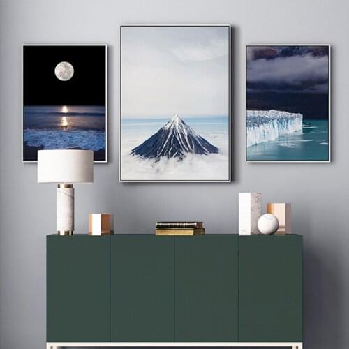 Moon Ocean Snow Mountain Waves Landscape Wall Art Canvas Painting Posters and Prints Pictures for Living Room Home Decoration