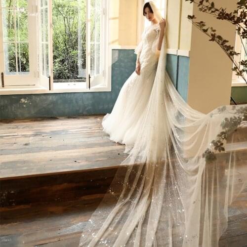 LZP552 Wedding Accessories Romantic Glittering Full Sequins Long Bridal Veil One Layer Cathedral Wedding Veil