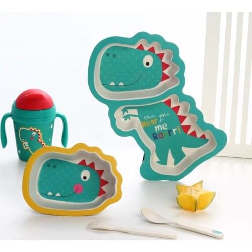 5 Pcs/Set Baby Bamboo Fiber Tableware Set Baby Plate Children Cartoon Separation Plate Bowl Fork Spoon Cup Set Feeding Supplies