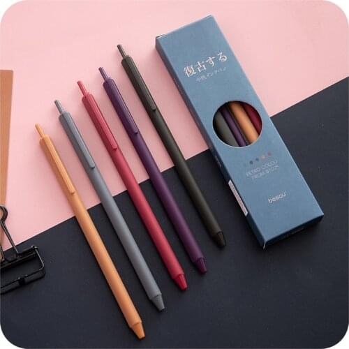 Retro 5 Colors Gel Pen Set Retractable 0.5mm Fine Point Vintage Pens for Journaling DIY Gift Coloring School Office Stationery