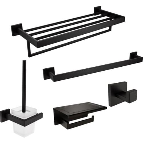 5-Piece Bathroom Hardware Set Towel Hook Towel Bar Toilet Paper Holder Toilet brush holder, Stainless Steel Wall Mounted, Black