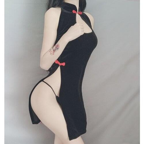 The New Kawaii Lingerie Dress Temptation Sexy Underwear Velvet Vintage Cheongsam Side High Slit Embroidery Open Fork Uniform