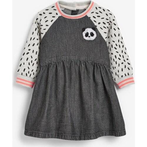 Girls Autumn Long Sleeve Dress Cute Panda Embroidery Stitching Sleeves Girls Dress Kids Clothes