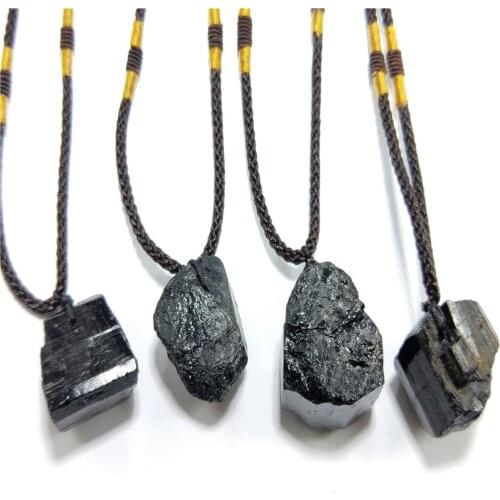 1Pcs Radiation Protection Natural Black Tourmaline Stone Necklace Retro Raw Gemstone Pendant Crystal Hand—Woven Craft Stone