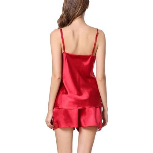 Pajama Sets Sexy Women Leisure elegance Solid Color Lace Brim V Neck Loose Strap Camisole Shorts Sleepwear Womens Sleep 2021