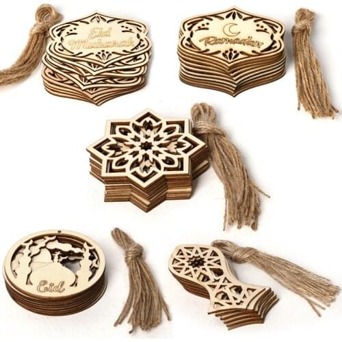 10pcs Wood Eid Mubarak Pendants Ramadan Dropping DIY Eid Mubarak Decoration Hajj Mubarak Party Supplies Moon Eid Al-Fitr Decor