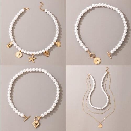 Luxury Pearl Stone Shell Pendant Necklace for Women Summer Star Heart Chain Choker Necklace Bohemian Jewelry Gift