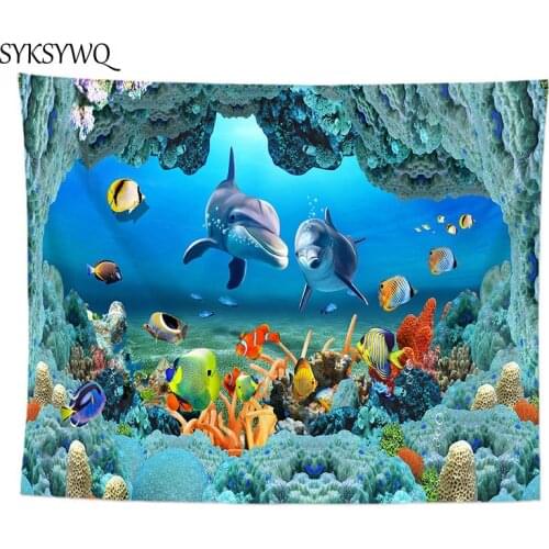 Blue tapestry ocean fish wall cloth dorm decor wall carpet dolphin fish wall hanging carpet sea tapestry